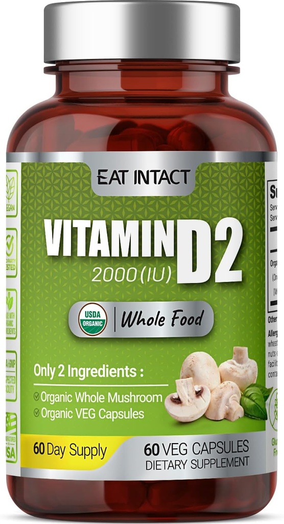 Veganska cela hrana Vitamin D, 2000 i.e. (50 μg), D2, dve sestavini (Organska cela goba in organska veganska kapsula), ne-GMO, tretja stranka testirana, 60 dnevna dobava