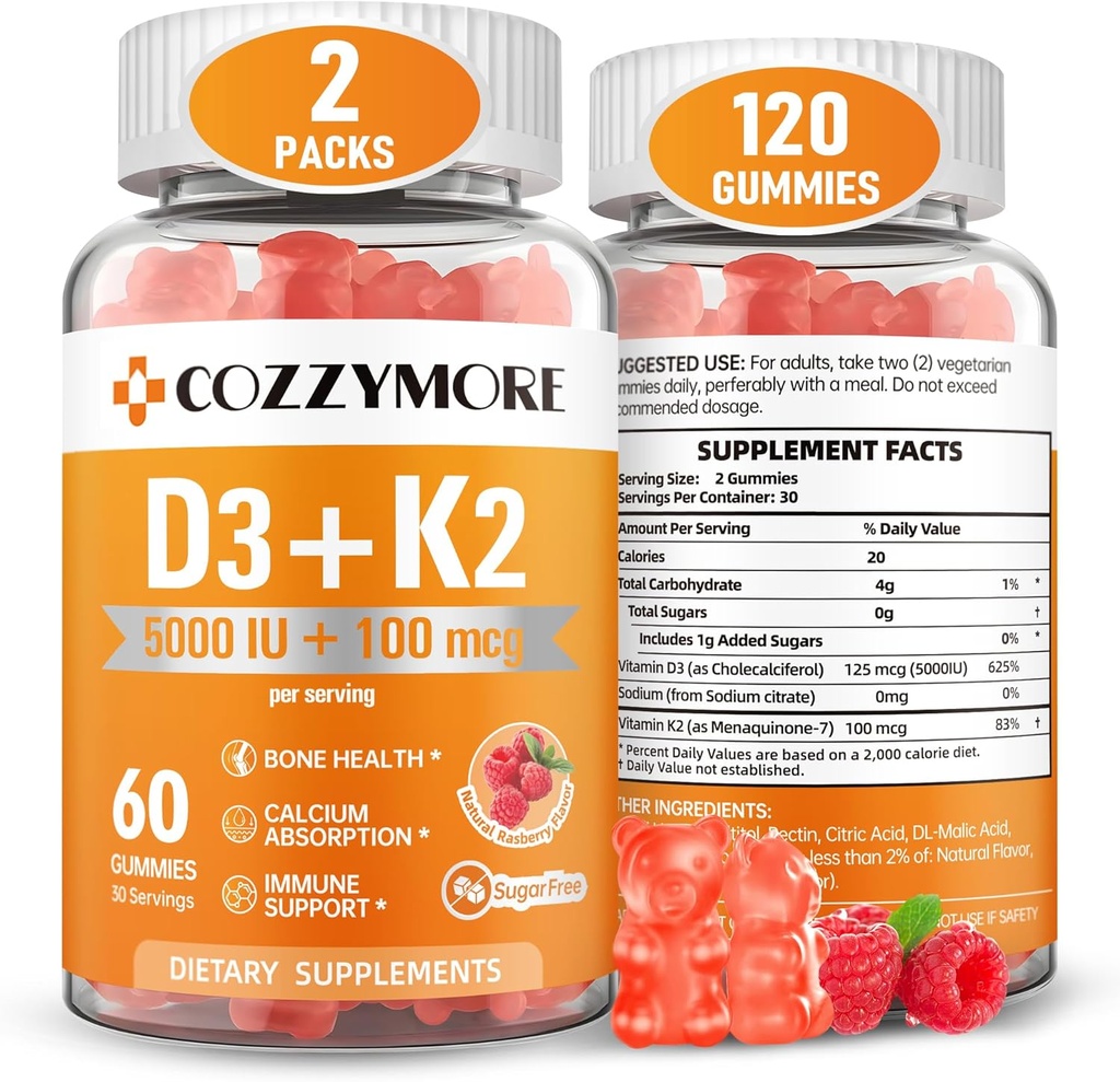 Brez sladkorja Vitamin D3 K2 Gummies, Vitamin D Gummies Supplement, 10000 i.e. + 200mcg D3 in K2 Dodatki, Okusni Gummy Vitamini, Podpora za kostne mišice zob imunske, 60 Servings 120 Gummies, Raspberry