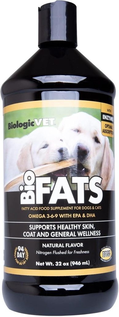 BioologicVET BioFATS - vsebuje Omegas 3, 6 & 9 - z EPA, DHA & ALA - za pse in mačke - Skin & Joint Health Support - Vključuje ribe, laneno seme in oljčno olje - 32 fl. oz.