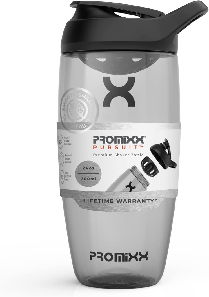 Promix Pursit Protein Shaker Steklenica (24 oz) – Tihi brez-Ball mešalnik, Leak-Proof Lid, BPA/BPS & Phthalate-free ECOZEN – Easy-Clean Shaker Cup za stresanje beljakovin, Pre & Post-workout napitki