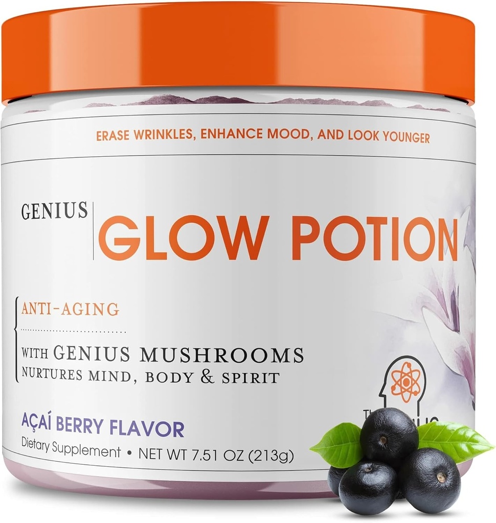 Genius Brand Genius Glow Potion - Daily Skincare Supplement for Glowing Skin - podpira Hidracijo, elastičnost, Imunsko zdravje in delovanje možganov - poganja Nootropics - Acai Berry - 30 Servings