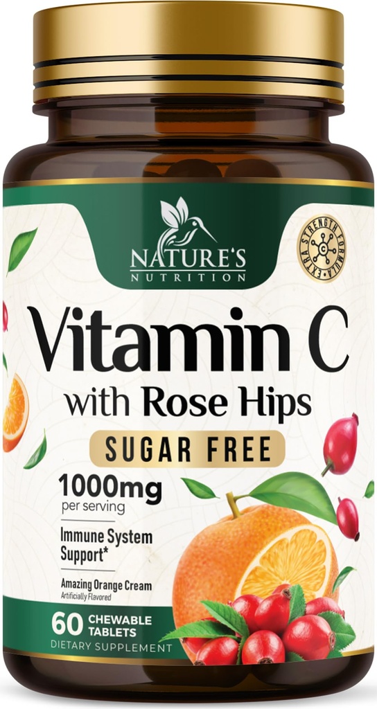 Vitamin C Žvečljivi 1000mg - Dodatna moč Antioksidanti za močno imuno podporo w/vitamin C & Rose HIPS - Močna prehrana VIT C Chews dodatek, naravna pomaranča aroma, Vegan, Non-GMO - 60 tablet