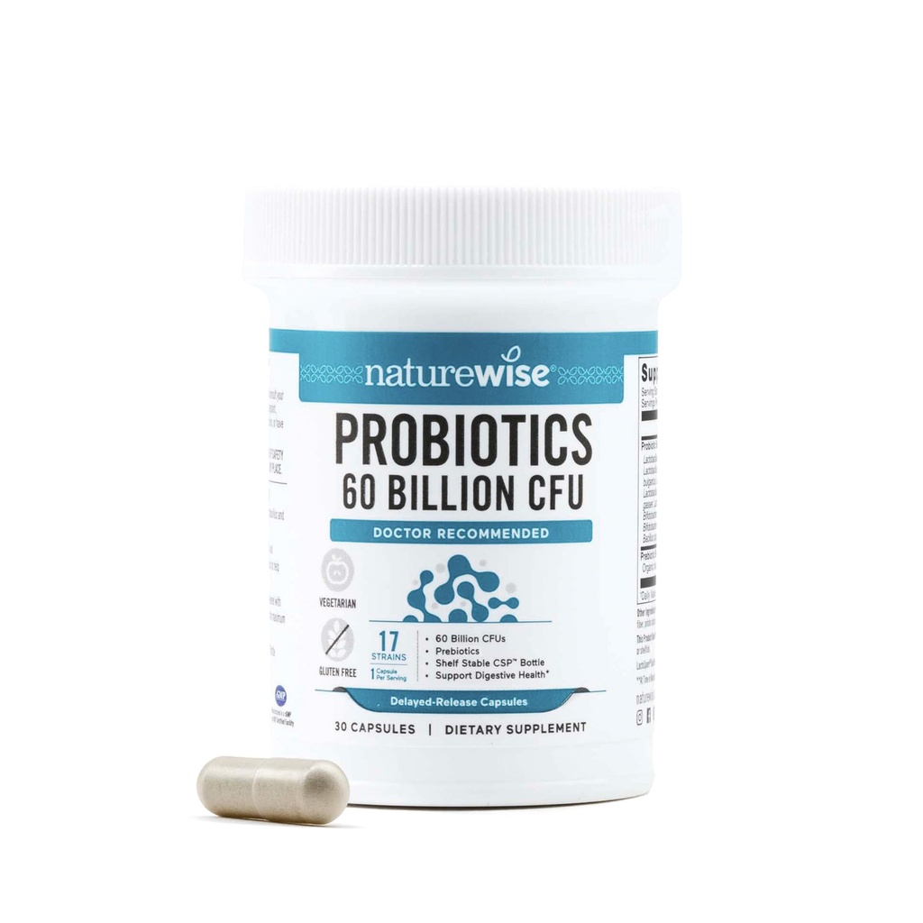NatureWise Probiotics 60 milijard CFU - 17 sevov + organski prebiotiki - Imunska, digestivna in črevesna zdravstvena podpora za ženske in moške - vegetarijanska, gluten-free, ne-GMO - 30 kapsul[1-mesečna zaloga]
