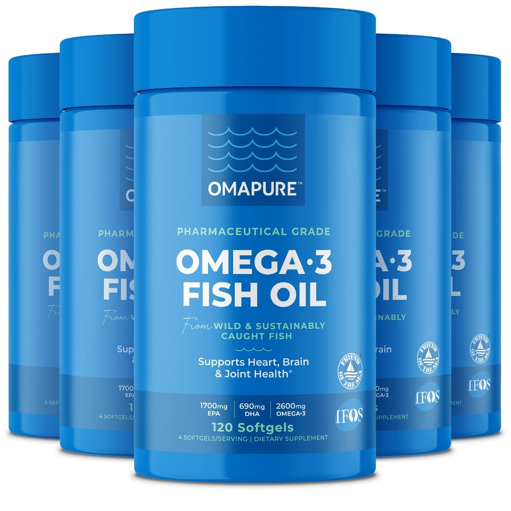Fish Oil Supplements z Omega 3 Maščobne kisline (5 steklenica, 120 Softgels) - Visoko EPA, DHA, & IFOS Ribje olje tablete Podpora srce in skupno zdravje - Burpless ribje olje spodbuja možganske funkcije