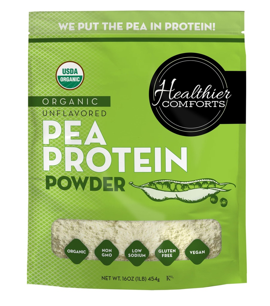 Healthier Comforts Organic Unflavored Pea Protein Powder - Low Sodium (1 lb.) | USA Grown and Processed | 100% Plant Based Protein | Kosher, Gluten Free, Non-GMO, Keto Friendly (16oz)