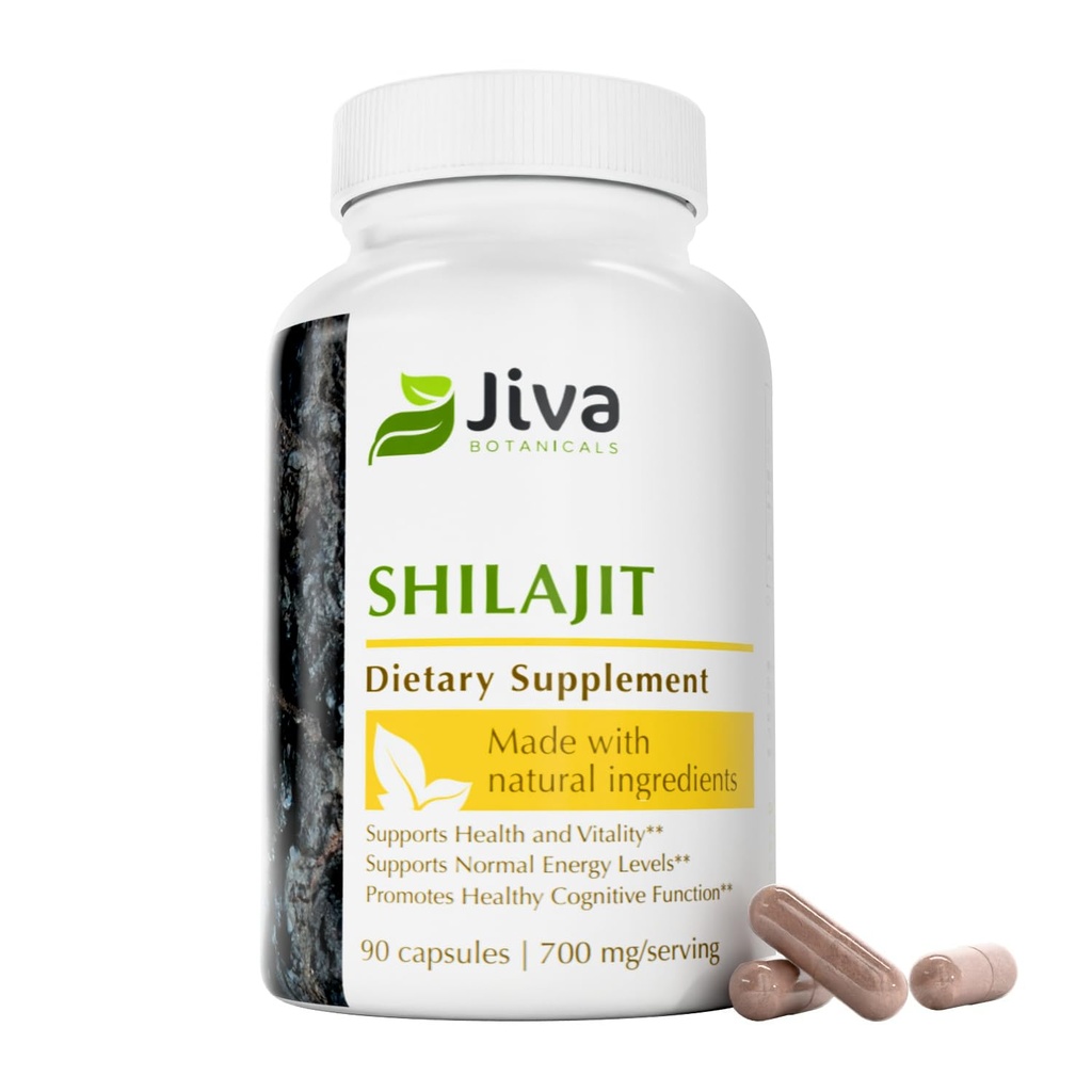 Jiva Botanicals Shilajit kapsule 700 mg – Shilajit ekstrakt s fulvično kislino – Shilajit dodatek za moške in ženske – 90 veganskih kapsul za dnevno Wellness - 90 število (paket po 1)