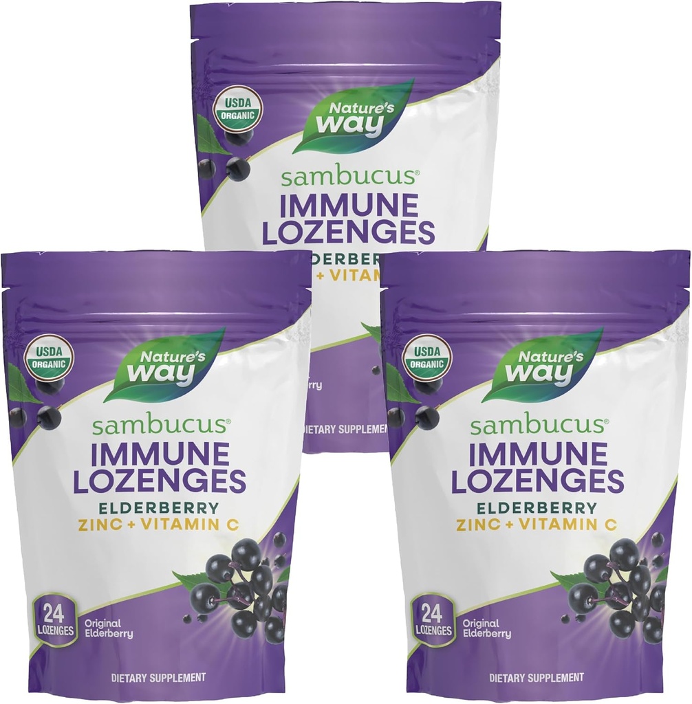 Naravne poti Sambucus Imune Lozenges, cink + vitamin C, izvleček črnega jagodičja, USDA Certified Organic, Original Berry Flamored, 24 Lozenges (Packaging May Vary) - 3 Pack
