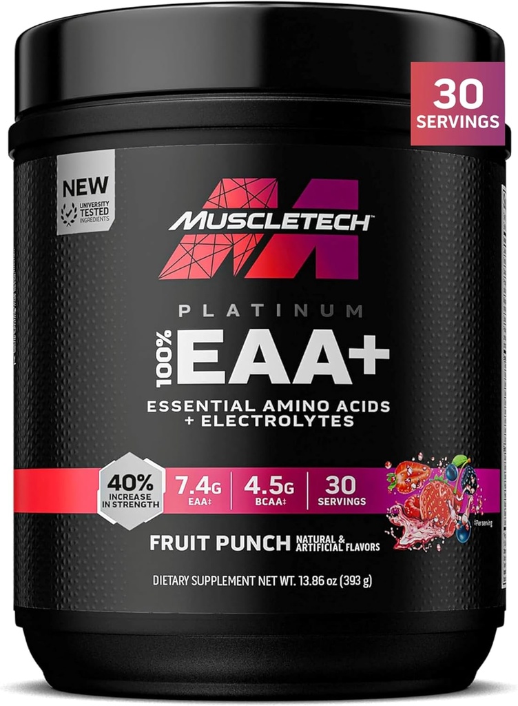 MuscleTech Platinum Essential Aminokisline dodatek z elektroliti, sadni punch - Predworkout prašek za energijo, rast mišic in moč graditelj - EAA kompleks za moške in ženske - 30 Serving