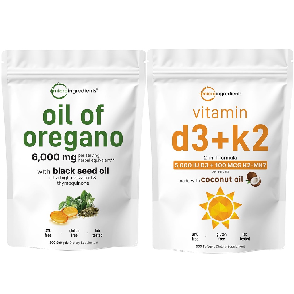 Mikro sestavine Oil of Oregano Softgels 6.000mg Per Serving & Vitamin D3 5000 i.e. Plus K2 (MK-7) 100 mcg, 300 Deviško kokosovo olje Softgels paket 