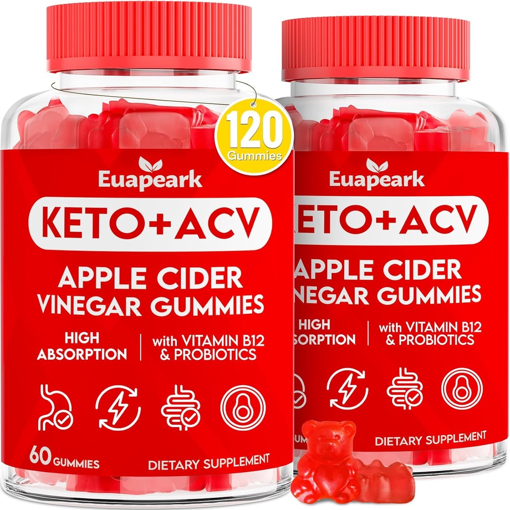 Jabolčni viničar Gumies, Keto ACV Gumies s probiotiki, Vitamin B12 & Keto Podpora, 2000 mg ACV z materjo za prebavo, Presnova, Čistilno in Detox diet, Vegan, Nizki sladkor, 120 Štetje