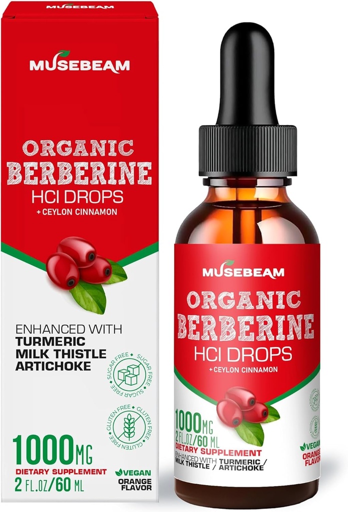 Organski Berberine HCl 1000mg Tekoče kapljice - s Ceylon Cimet Turmeric mleko Thistle Artichoke - Visoka biološka razpoložljivost Dopolnilo za moške - Veganski sladkor prost Gluten 2fl. oz (60ml)