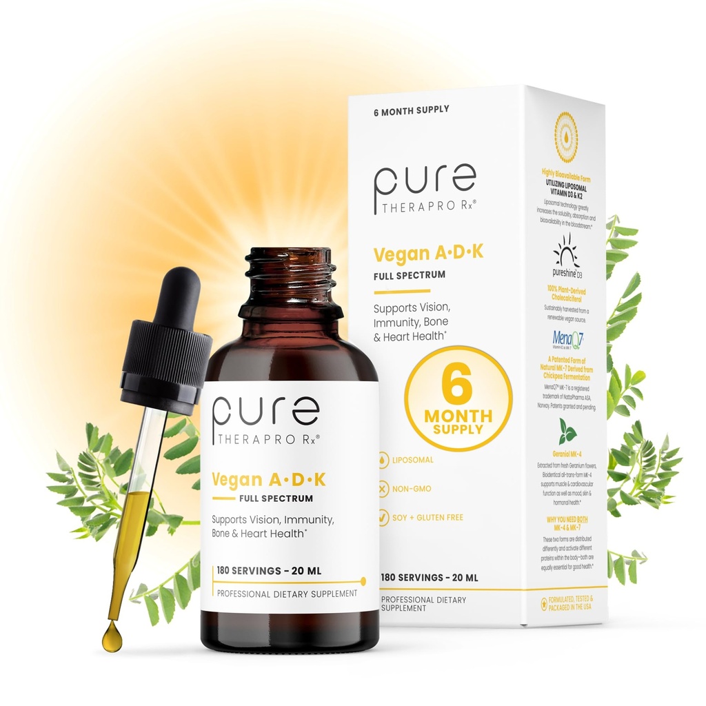Pure TheraPro Rx Vegan A-D-K Kapljice-6 Mon Supply-Vitamin A(Palmitate & Betakaroten),Liposomski vitamin D3(kot veganski holekalciferol),Liposomski vitamin K2(MK-4 & MK-7)Podpora Imuniteta in zdravje kosti-20ml