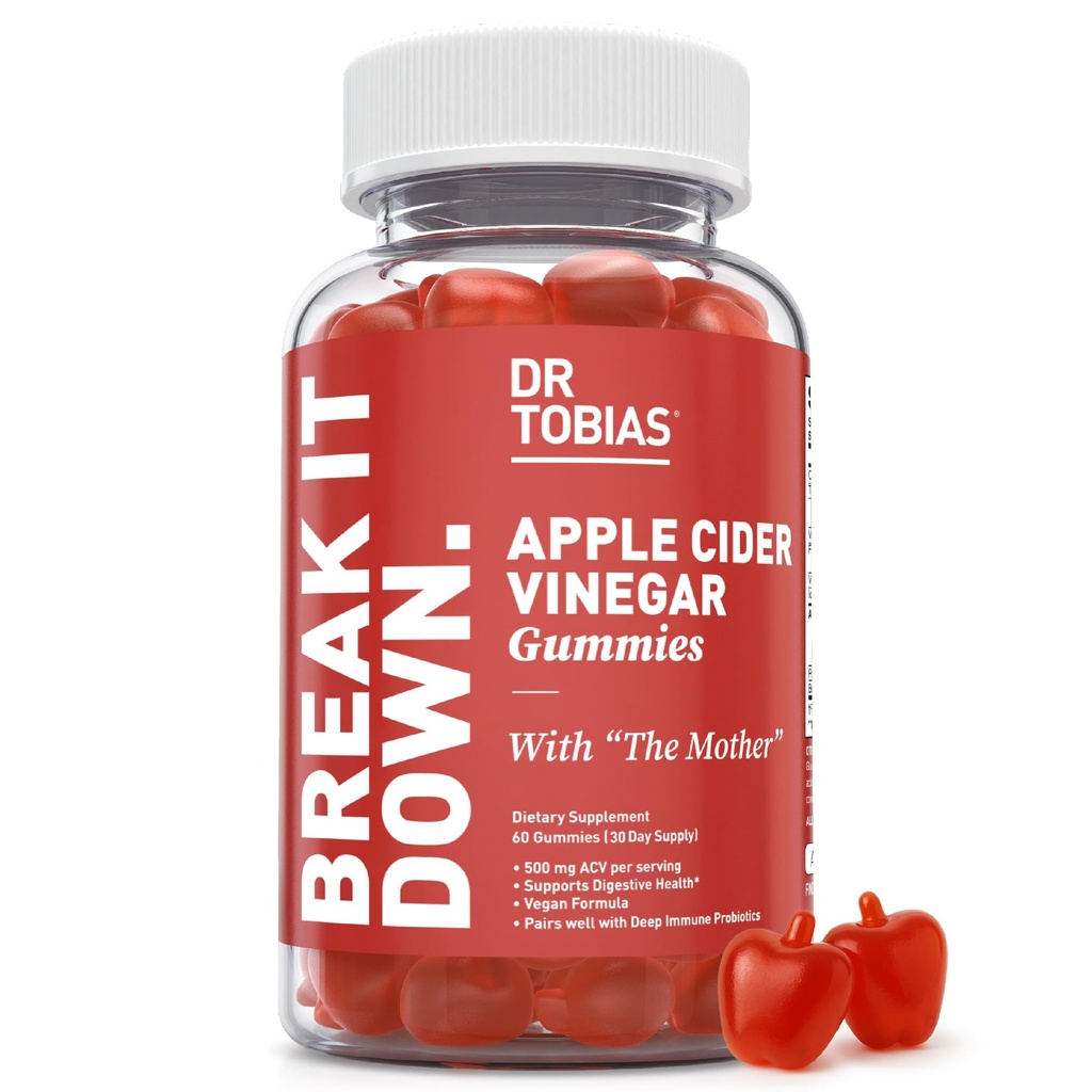 Dr. Tobias Apple Cider Kinegar Gumies z mamo, 500mg ACV na strežbo, Plus Folate, B6, B12 & Jodine, Podpira prebavno zdravje, Gut Cleanse & Detox, Vegan, 60 Gumies