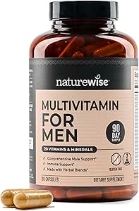NatureWise Multivitamin za moške - Dnevna podpora za moške - Minerali in zelišča za energijo, zmogljivost, imuniteta - z vitaminom A, C, D, B-kompleks - Soy & Gluten-free, Non-GMO - 180 kapsul[3-mesečna zaloga]