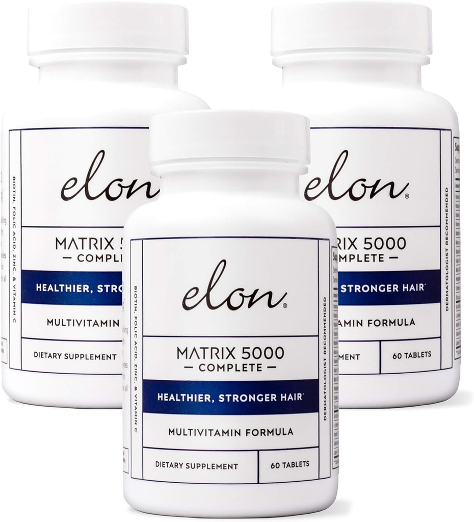 Elon Matrix 5000 Popolni multivitamin – vitamini za rast kože, las in nohtov – Zdravi vitamini za rast las za ženske in moške – 5000Mcg Biotin dodatek, paket 3 (180 Dnevna dobava)