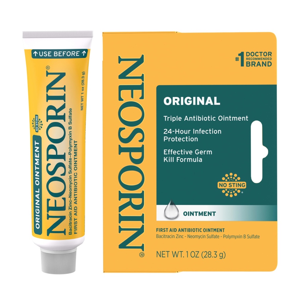 Neosporin Original Prva pomoč Triple Antibiotic Mazilo, Bacitracin Cink & Neomicin Sulfate Zaščita pred okužbami, Zdravljenje ran in Brazgotinec videza za manjše reze, Scrapes & Burns, 1 oz