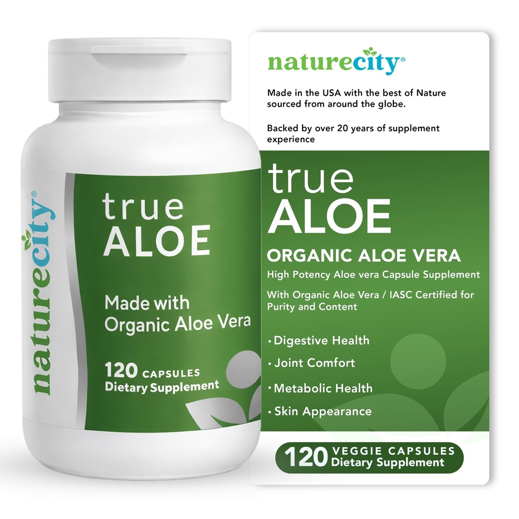 NatureCity True-Aloe Gut Health Support – 80.000mg Aloe Vera Gel ekvivalent na serviranje – Organic Aloe Vera (120 kapsul) za digestivno, kožo in skupno podporo 