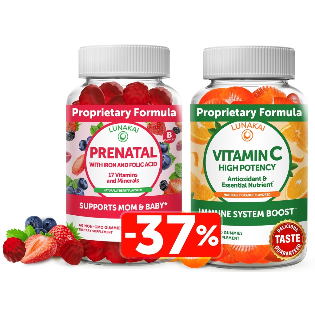 Lunakai Prednatal in vitamin C Gumies Bundele - Nosečnost Multivitaminski dodatek z železom in folno kislino - 300mg Organic, Non-GMO, Vegan žvečljivi Gummy - 30 dni dobave