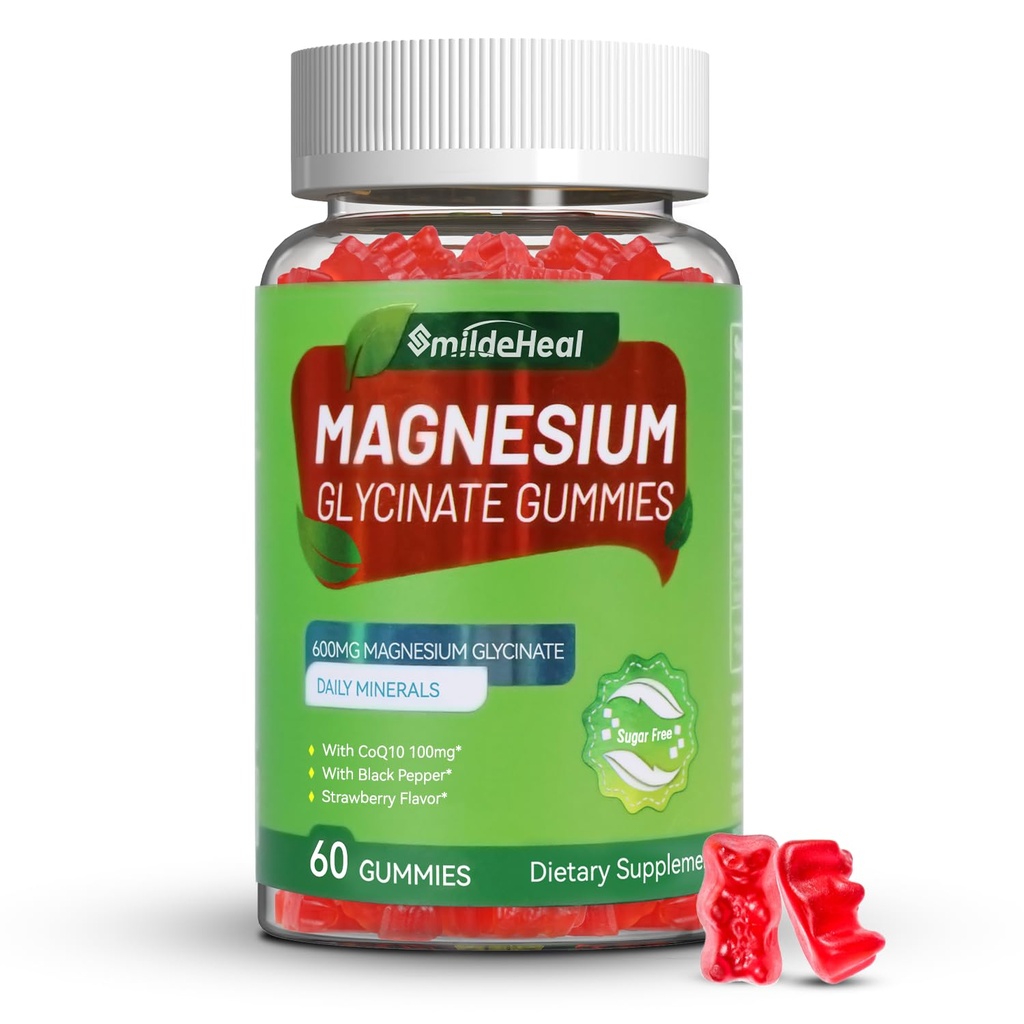 Magnezij Glycinate Gumies 600mg za ženske in moške, z magnezijevim L-treonatom 300mg, CoQ10 in črni poper, Vegan (60 Count)