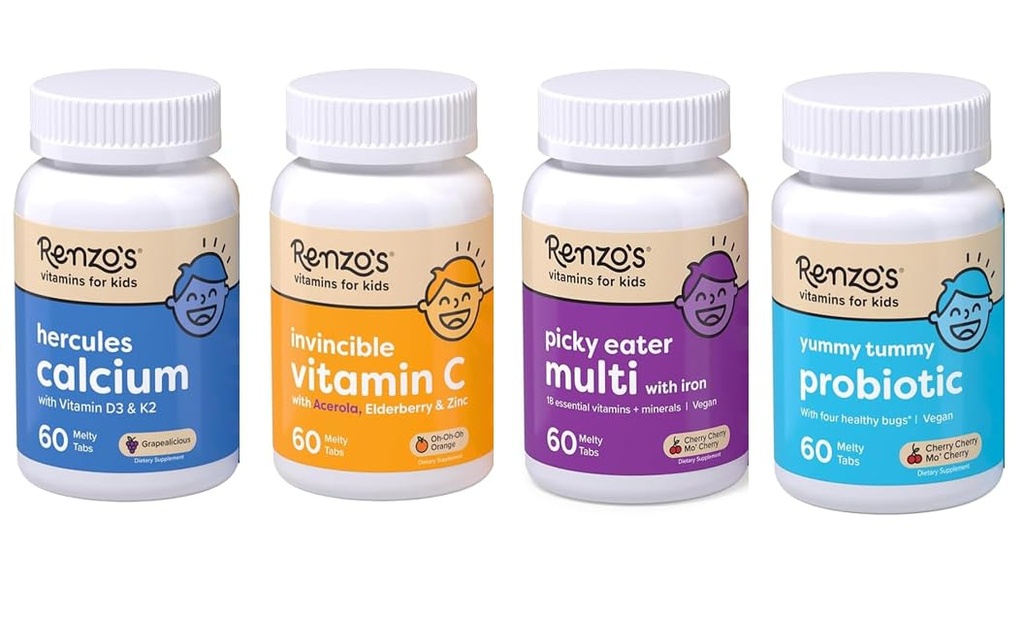 Renzovi vitamini Kid Essential Bundle - probiotik, vitamin C z borovnico in cinkom za imuno podporo, Picky Eater otroci multivitamin, in Hercules kalcij
