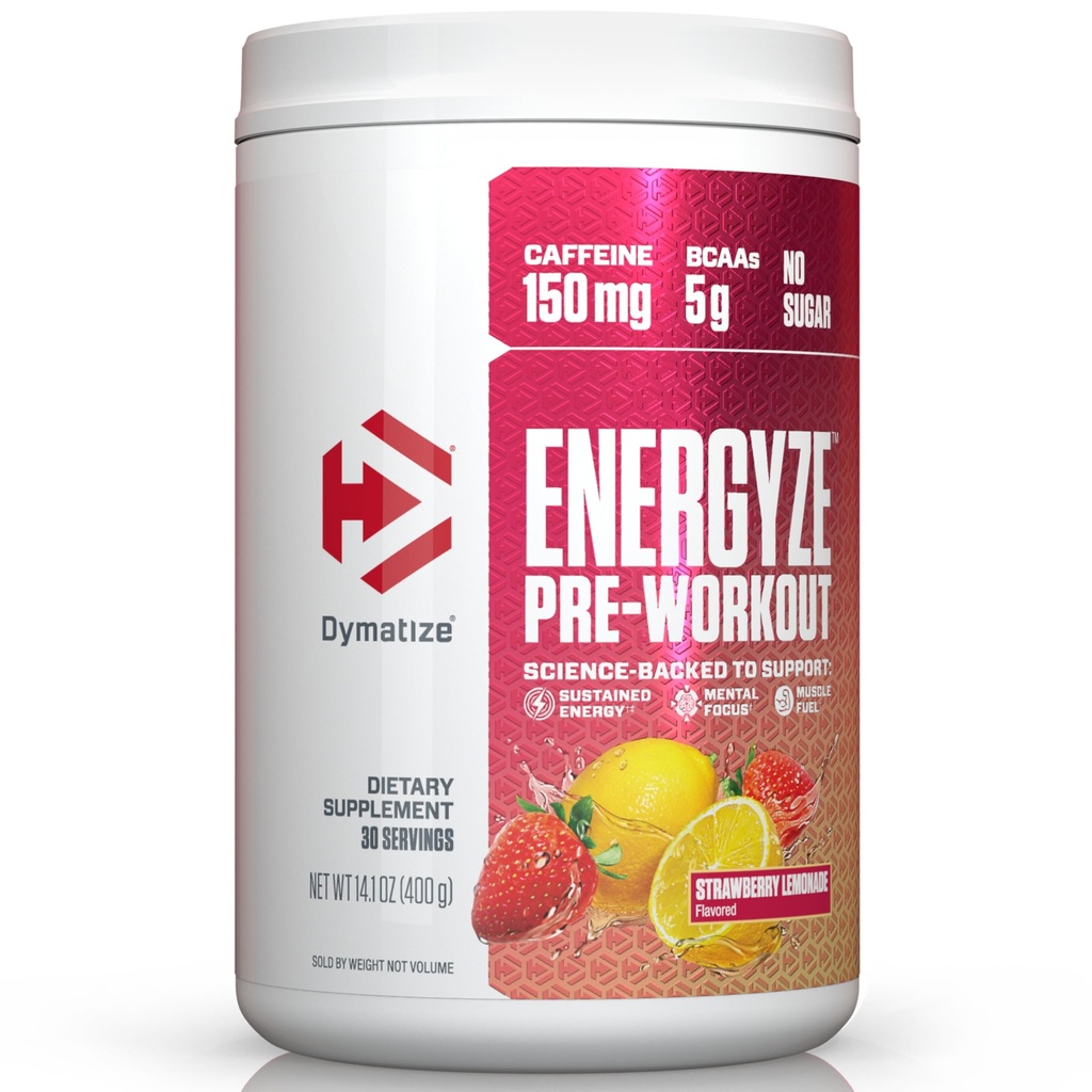Dymatize Energyze Pre Workout Prašek za moške in ženske, Jagodna limonada, 150mg kofein, 5g BCAA, Performance Mešanica L-teanina, L-tirozina, L-citrulina, brez sladkorja (30 strežb)