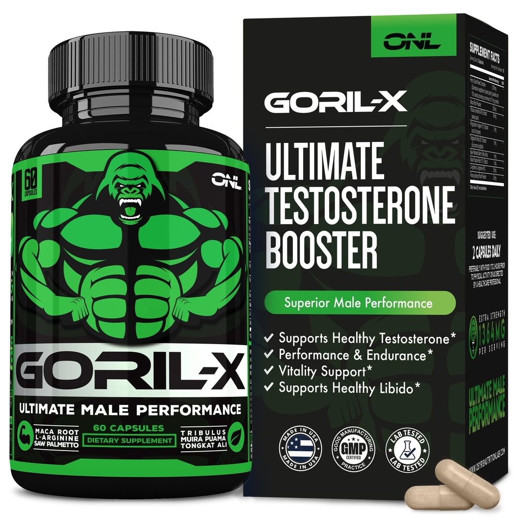 GORIL-X Testosterone Booster for Men - Workout Testosterone Supplements - Increase Size, Strength & Energy - 1000mg Male Enhancing Horny Goat Weed, Maca Root, Tongkat Ali & Tribulus Formula - 60 Caps