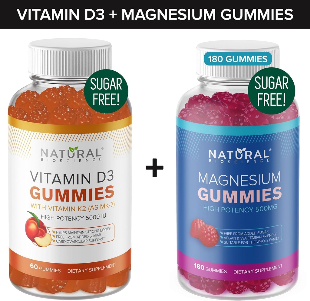 Brez sladkorja Vitamin D3 K2 Gummies (60 gumijev) in sladkor brez dodatne moči Magnezijeve žvečilke (180 gumijev), vitamin D3 Gummies 5000 i.e.+K2 MK7 80 mcg, magnezijev citrat