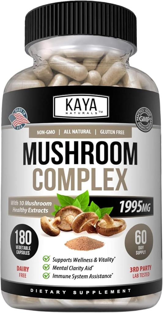 Kaja Naturals Premium goba kompleks močen - goba dodatek - goba kompleksne kapsule 1995mg na strežbo - Aids Duševna jasnost podpira imunski sistem, Wellness & Vitality - 180 Count