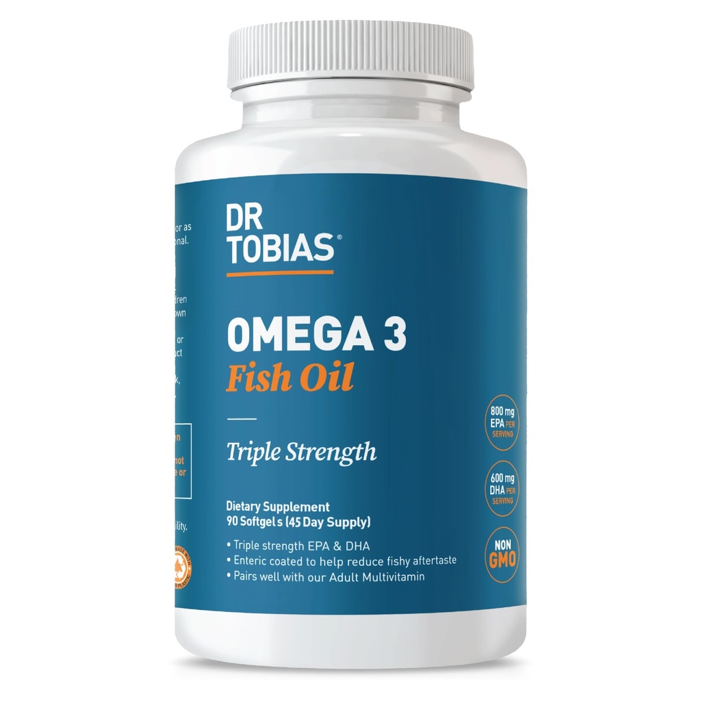 Dr. Tobias Omega 3 ribje olje, 2000mg Trojna moč z 800mg EPA 600mg DHA na strežbo, Ribje olje Omega 3 Dopolnila za srce, možgani in imunske podpore, 90 Softgels, 45 Servings