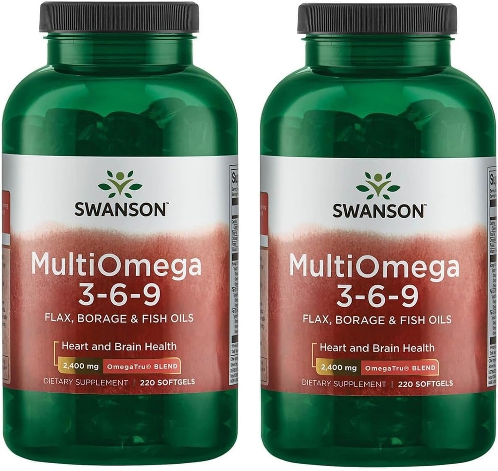 Swanson MultiOmega 3-6-9 - ne-GMO Flax, Borage & Ribje olje Kapsule - Eterične maščobne kisline, ki podpirajo kardiovaskularno zdravje in zdravje možganov - (220 Softgels, 2400mg Serving) 2 steklenici