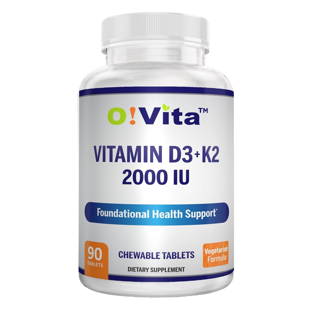 Vitamin D3 + K2 2000IU Žvečljiva za zdravje kosti, 90 vegetarijanske žvečljive tablete, do 3-mesečne zaloge