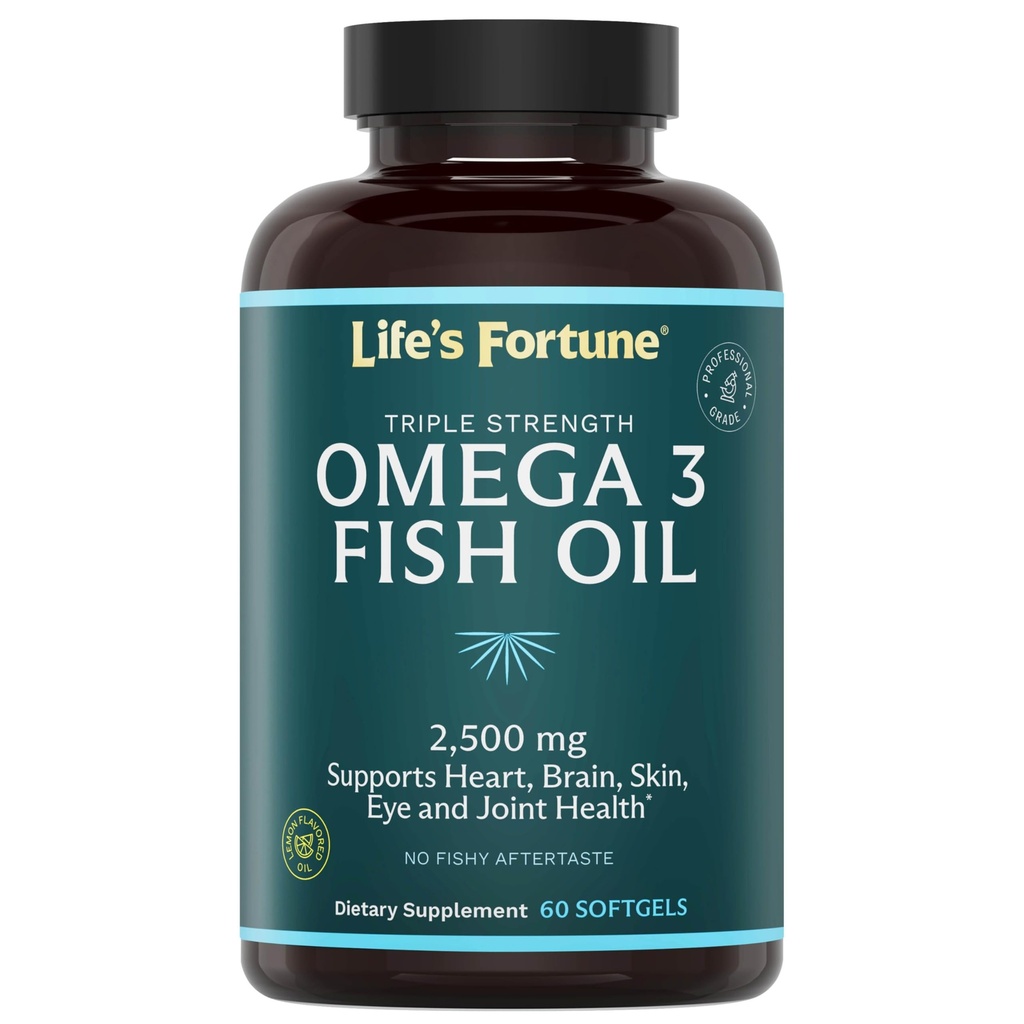 Life's Fortune Fish Oil Omega 3 Koncentrat 2500 mg, 60 Softgels, Visoka moč, EPA & DHA Maščobne kisline - srce, možgani, koža, sklepi - Ne GSO