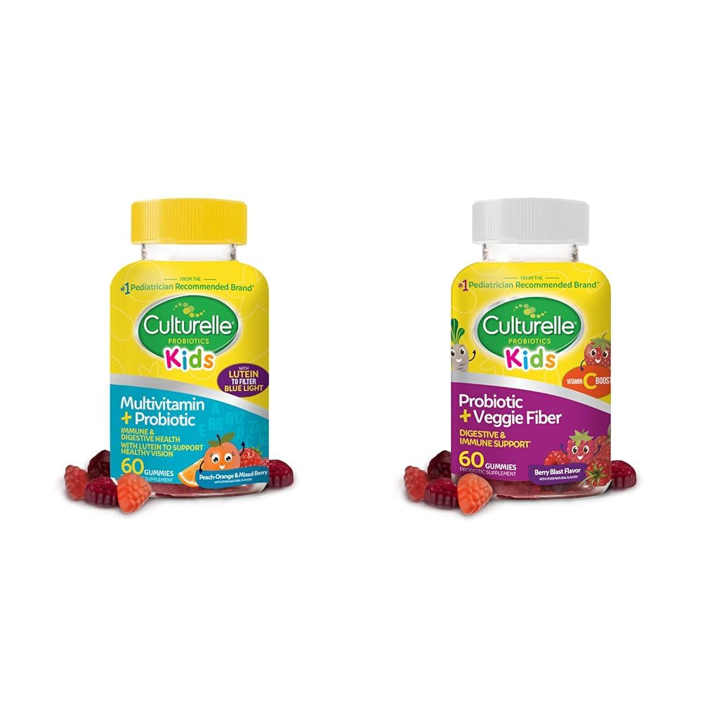 Culturelle Kids Probiotic Gumies za starost 2+ - Peach-Orange & Mixed Berry Flavors & Daily Probiotic za otroke + Veggie Fiber Gumies (Age 3+) - 60 Count - Prebavne