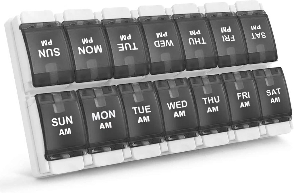 Sukuos AM PM Tedensko 7 dan tablete Organizator, 2 krat na dan tablete Škatla z artritisom Prijazno push gumb, Medicine Primeri za vitamine/ribje olje/dodatek, Enostavno za čiščenje (črna)