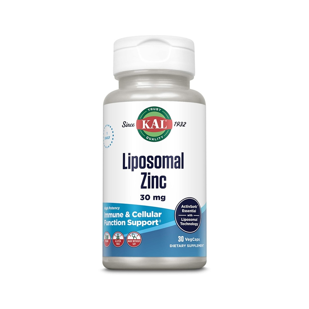 KAL liposomski cink 30 mg, celična funkcija in imunski dodatek, izboljšana absorpcija dodatki cinka, Vegan, Gluten prost, soja, 30 Serving, 30 VegCaps