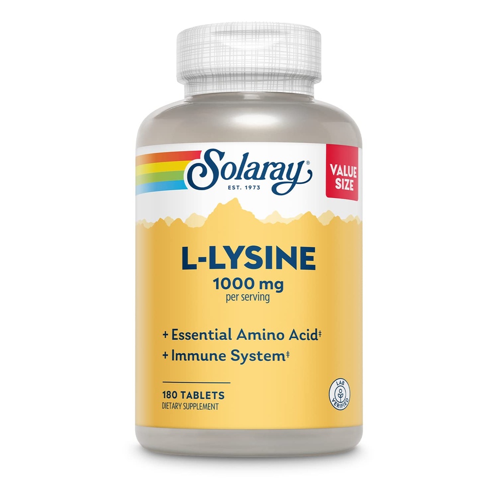 SOLARAY L-Lysine, Free-Form 1000 mg, Imunska podpora Essential Amino Acid s vitaminom C 1.000 mg in cinkom 25 mg, velikost vrednosti, laboratorij preverjen, 60-dnevna garancija, 60 Serving, 180 tablet