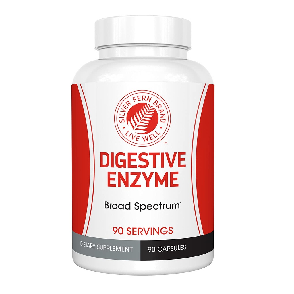 Srebrna Fern Brand Ultimate Digestive Enzyme Supplement - 1 steklenica = 90 Kapsule - Visoka moč, Multi Enzyme - Prebavna Comfort & Food Tolerance - Hemicullase, Peptidase, Maltase, Več