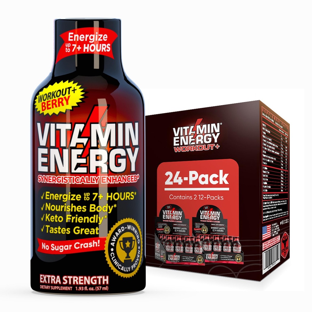 Vitamin Energy Workout+ Dodatna moč Energija Shot Berry 24 Pack, 260mg Naravni kofein, Pred-workout, B-vitamini, Minerali, vzdržljivost in zmogljivost, Nič sladkorja, Gluten-free, Vegan, 1,93 fl oz
