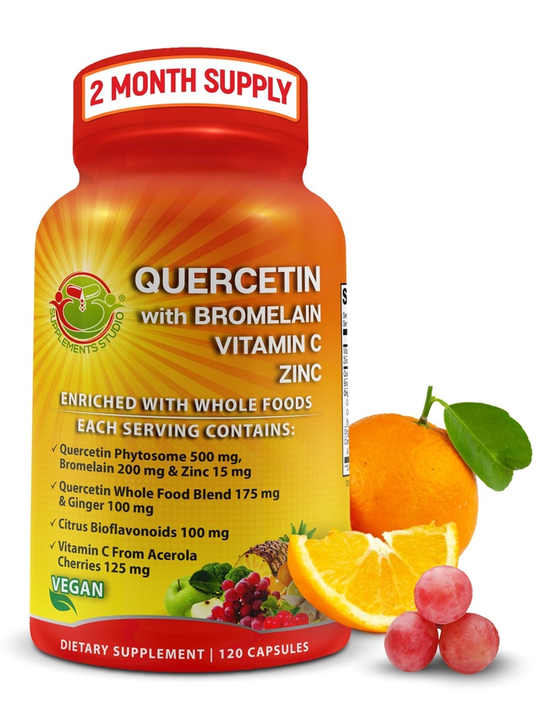 Quercetin z bromelainom Vitamin C in cinkom Obogaten z organskimi celimi živili - 1215mg na serviranje - Quercetin Phytosome 500mg Kapsule z ingver in Flavonoidi za imuno podporo - 120 Count