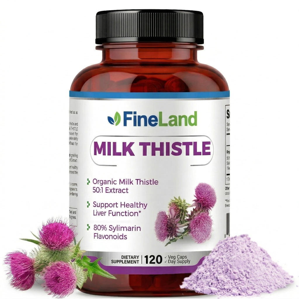 FineLand Milk Thistle Pills 50:1 Extract – 120 Veganske kapsule - 20.000 mg Strenght z 80% silimarin Flavonoidi – Jetra in antioksidanti Podpora 