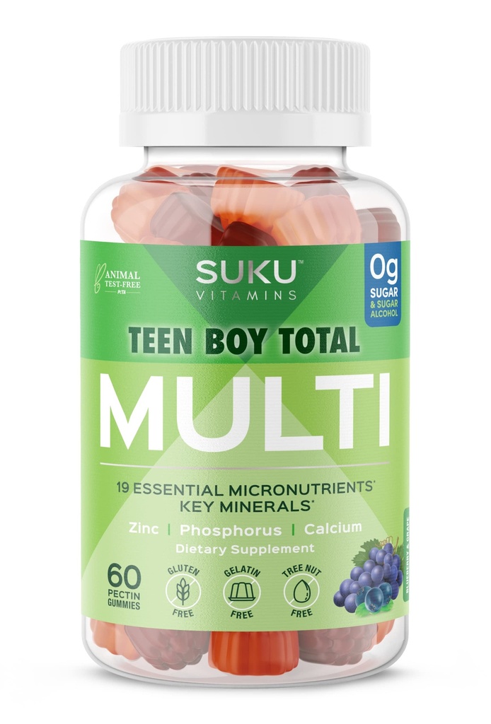 SUKU Teen Boy multivitaminski žvečilni gumiji – vitamini A, B12, C, D3, E, cink & Biotin – Sugar-free vegetarijanski dodatek za energijo, rast, imuno in zdravje kosti – grozdni okus – 60 Count