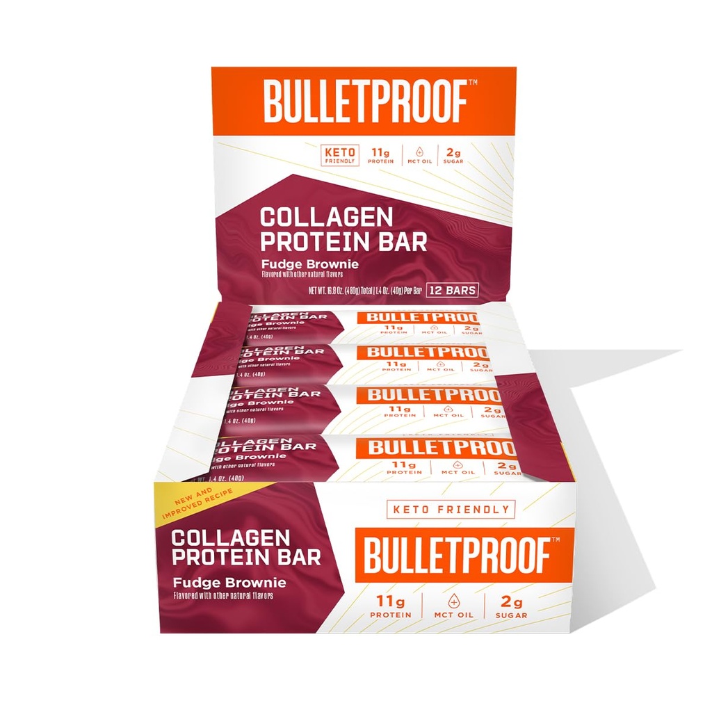 Neprebojni Fidge Brownie Collagen Protein Bars, pakiranje po 12, Keto-prijateljski prigrizek z MCT oljem, travnato hranjen kolagen, brez dodanega sladkorja
