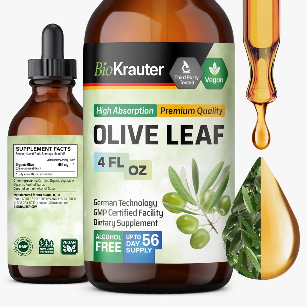 BIO KRAUTER Olive Leaf Extract Liquid - Olive Leaf Tinktura za imuno podporo - alkohol in sladkor brez - Veganske kapljice 4 Fl.Oz.