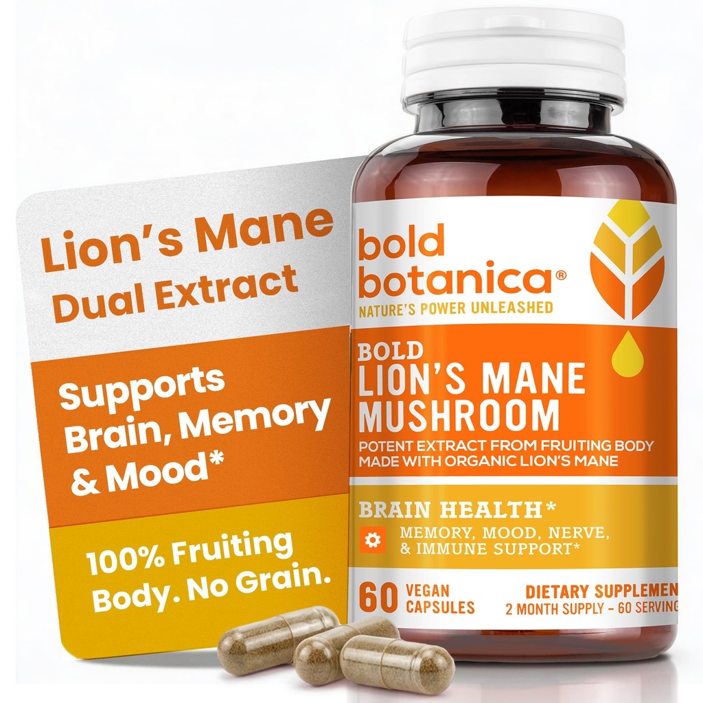 Bold Botanica Levje grivaste gobe Kapsule - 100% sadno telo – Koncentrirani organski izvlečki Mane – Nootropično zdravje možganov – Spomin, Mood, Imunska podpora – 60 veganskih kapsul