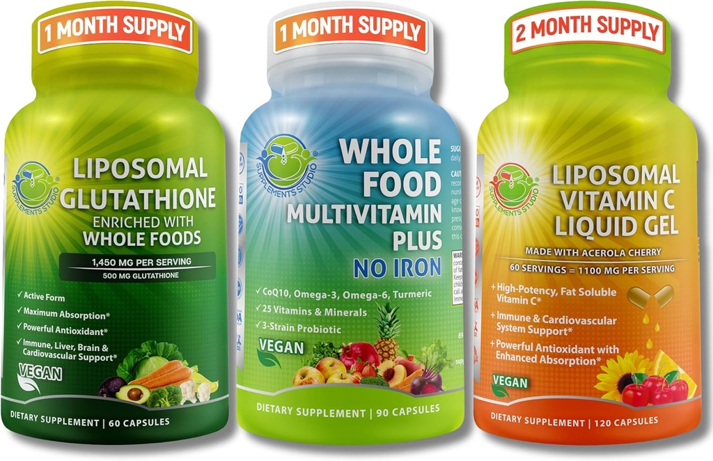 Dnevno imuno, antioksidant in energijska podpora paket – liposomski glutation 500mg s celimi živili + liposomski vitamin C 1100mg tekoči gel + veganski celi živilski multivitamin brez železa