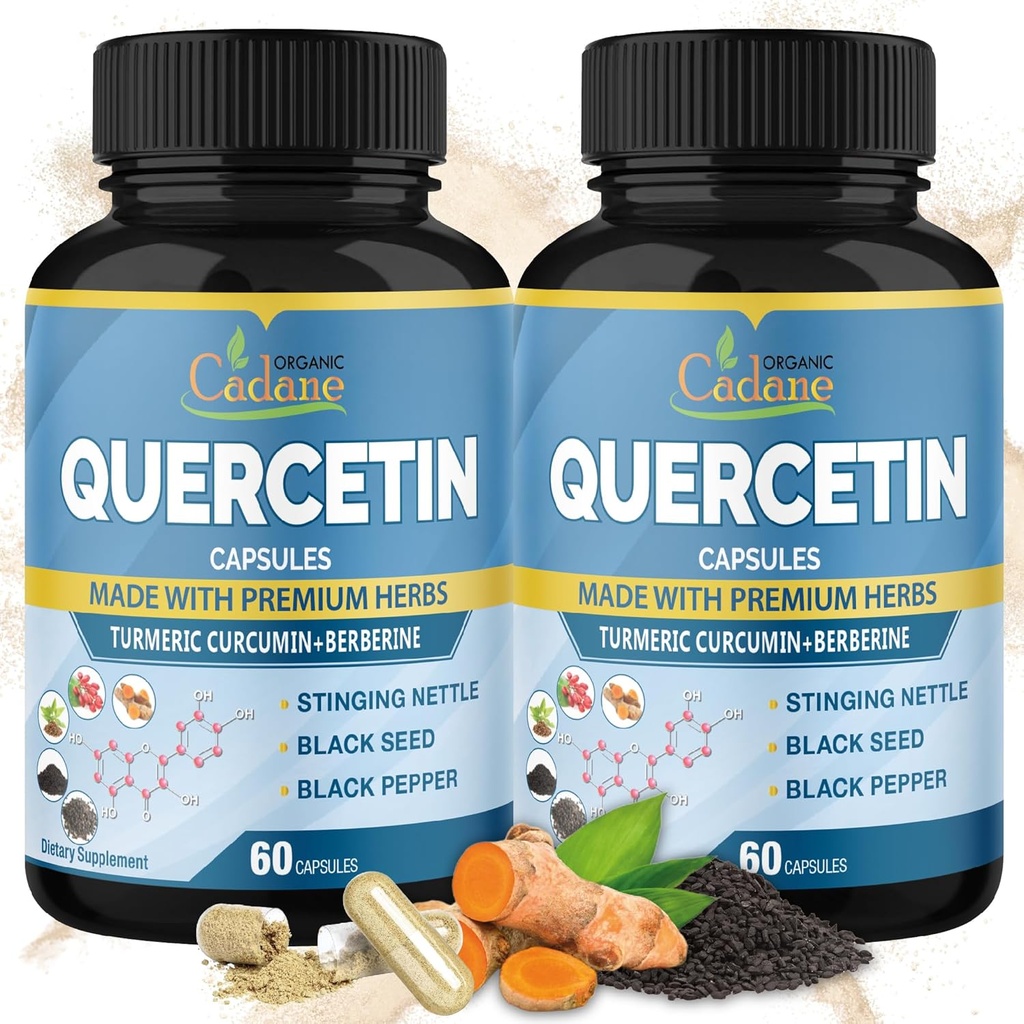 Organski Cadane 2 paketi Quercetin dopolnila kapsule, 6 v 1 s kurkuma, Berberine, Stinging Nettle, črno seme, črna paprika - podpira imunski sistem - 4 Mesece dobave