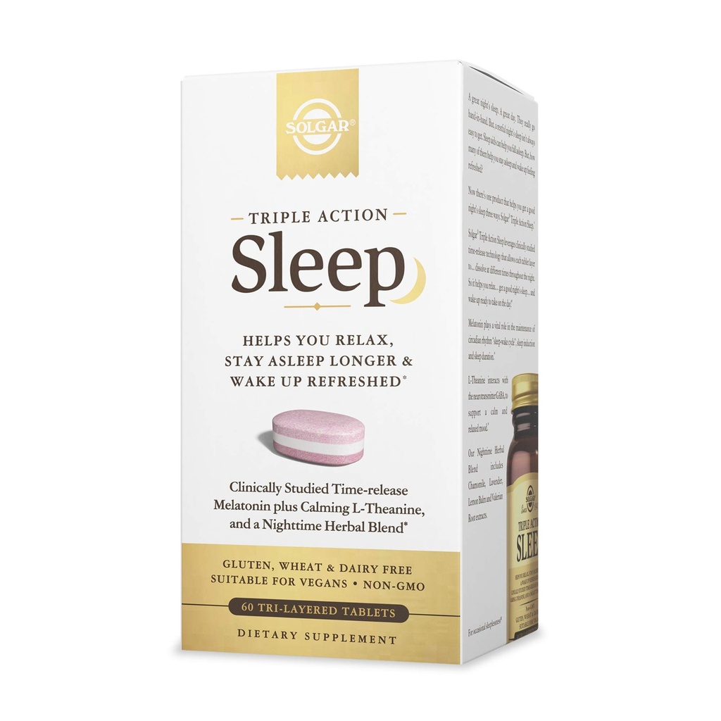 Solgar Triple Action Sleep, 60 Tri-Layer Tablets - Time-Release Melatonin & L-Theanine Plus Zeliščna mešanica - vam pomaga sprostiti, padec spanje hitro in ostati dlje spanje - Non-GMO, Gluten brezplačno - 60 Služabniki