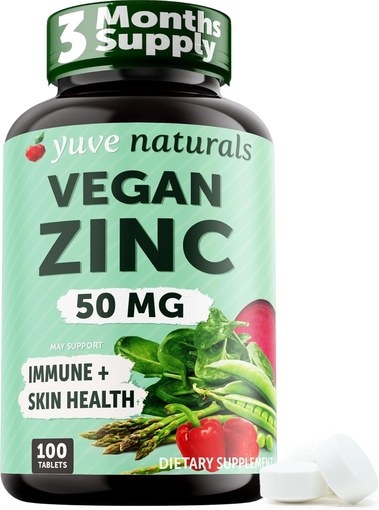Yuve Naturals Vegan Cink 50 mg - cinkov glukonat za podporo imunskemu sistemu in koži - brez glutena, brez gensko spremenjenih organizmov, na rastlinski osnovi - 100 tablete enostavno za pogoltniti