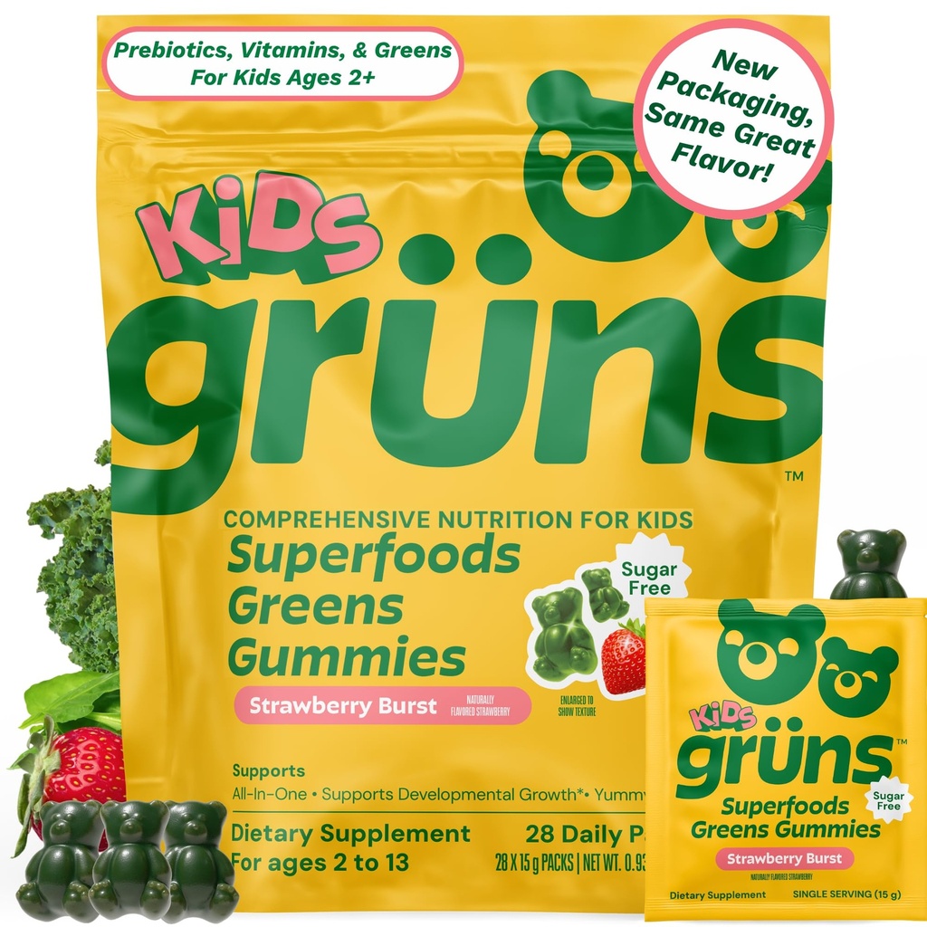 Gruns Kids Vitamini, Super Greens Gummies, Sugar-free Superfood Gummy medvedi s Spirulina, Klorella, Prebiotiki Fiber za digestivno zdravje, Adaptogeni dopolnilo, 20 Vitamini in minerali, 28 dnevni paket