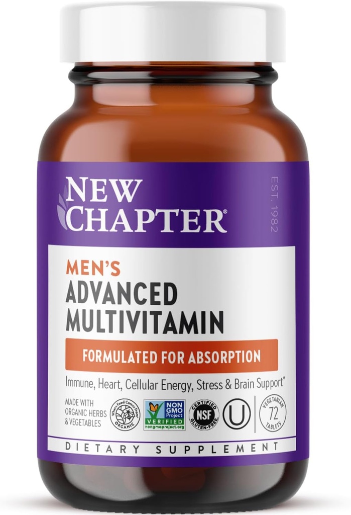 Novo poglavje Moški multivitaminski Napredna Formula za stres, možgane, imunske, srce in energijo podpora, višje ravni fermentiranih eteričnih hranil za moške + selen + B vitamini, 72 ct